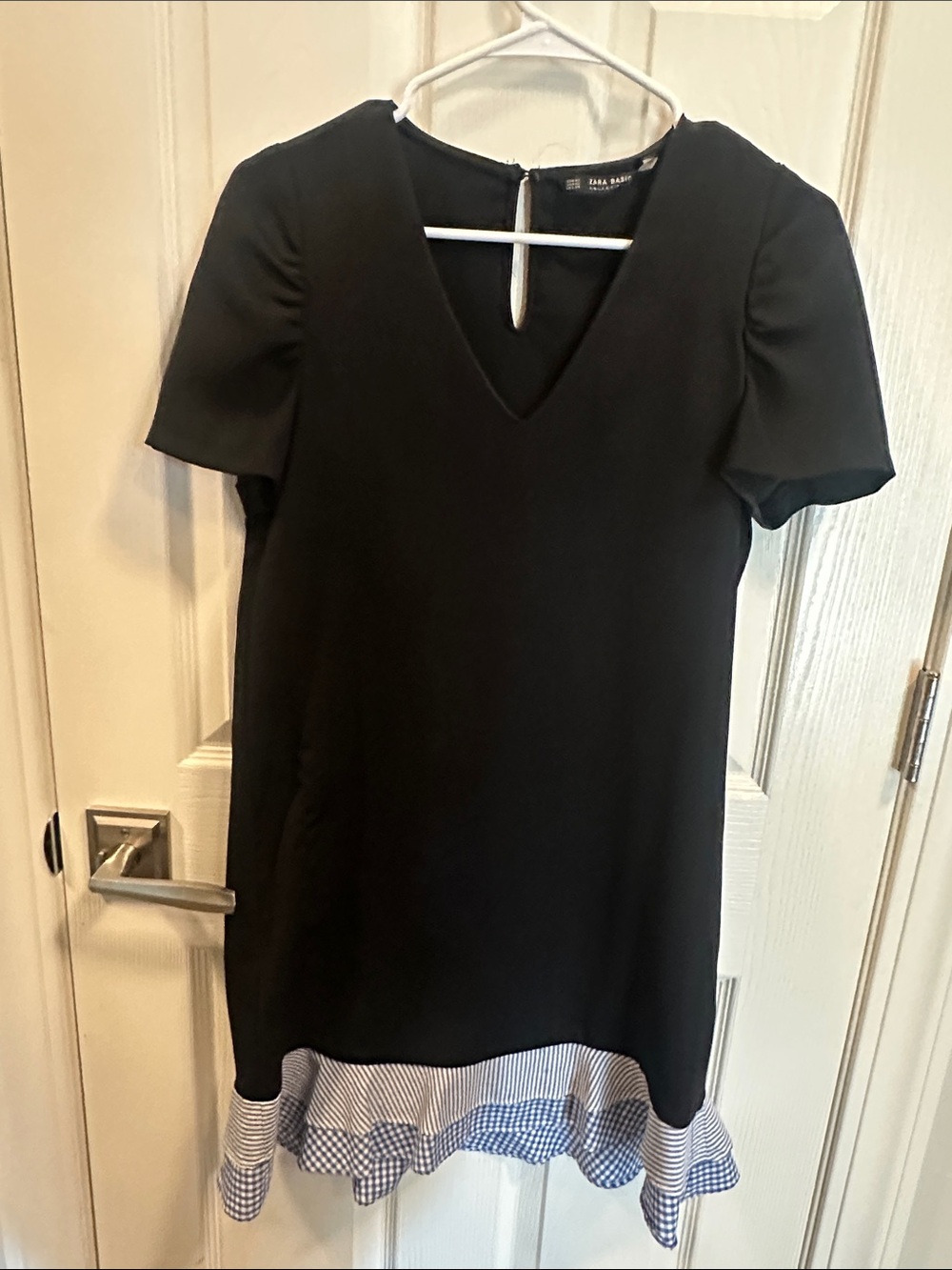 Zara Black Short Sleeve V-Neck Dress with Gingham Hem